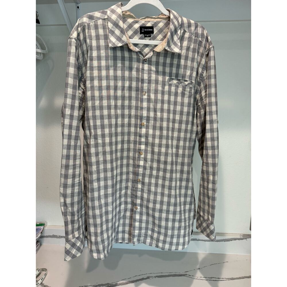 Him & Henry Men's Plaid Button Up Shirt Size 2XL Grey Plaid Dress Shirt